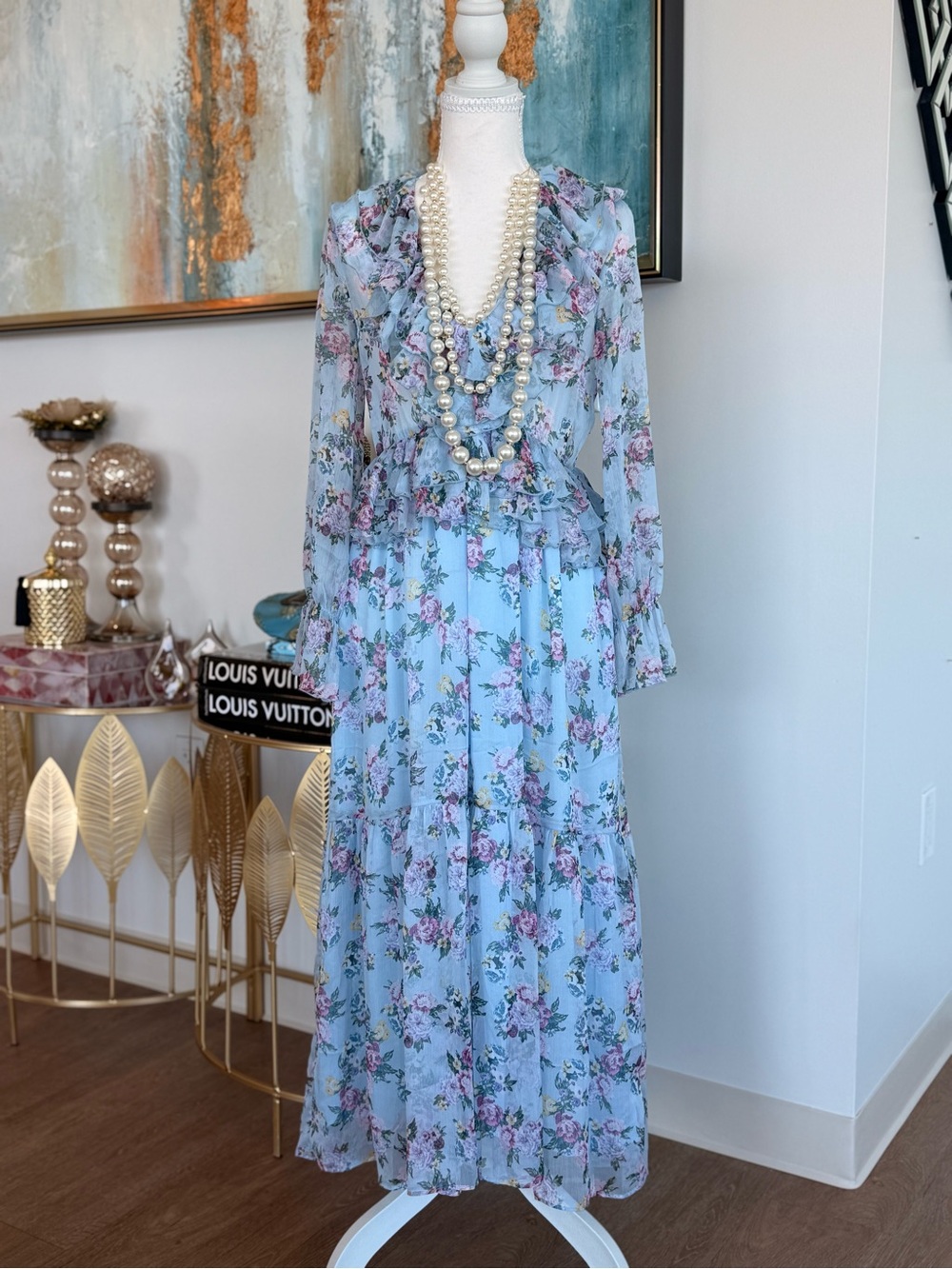 Zara Light Blue Floral Ruffle Maxi Dress